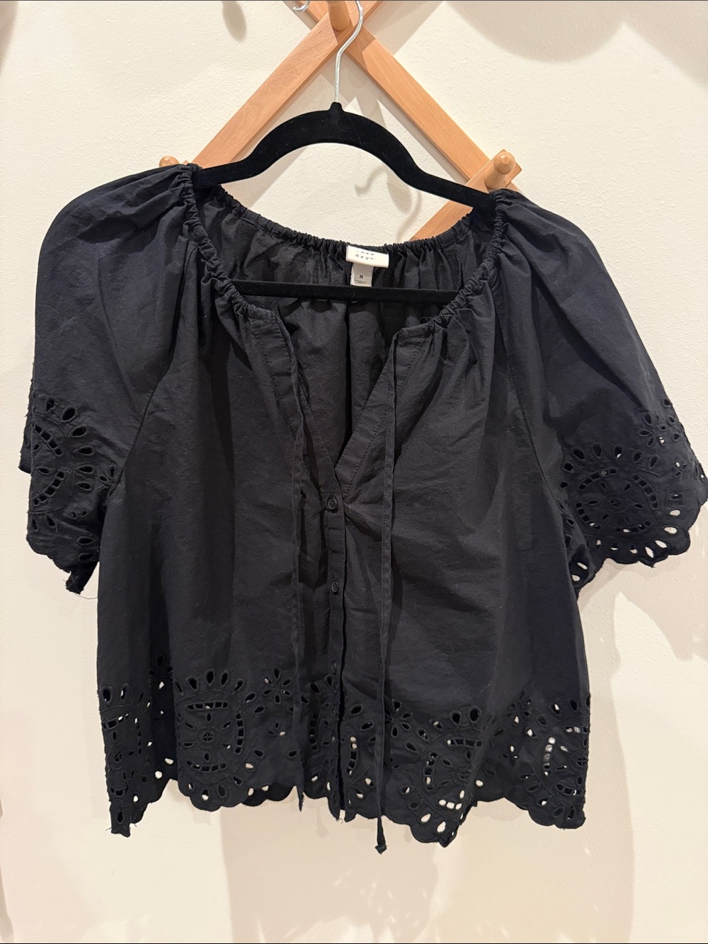 a new day Black Eyelet Tie-Front Peasant Top